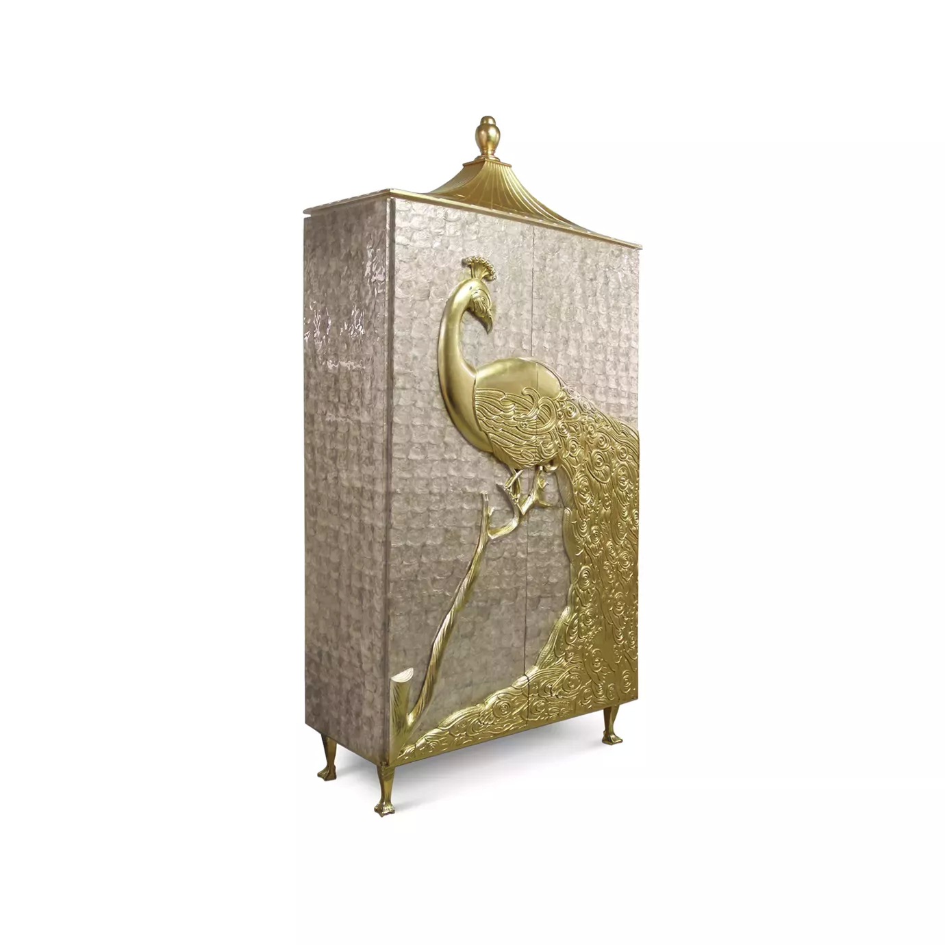 A majestic Camilia Mother of Pearl Armoire, adorned with a large, golden peacock on its iridescent doors.