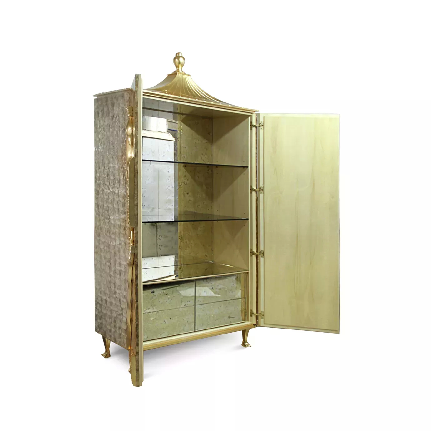 A grand Camilia Mother of Pearl Armoire with both doors open, showcasing its shelves and mirrored interior.