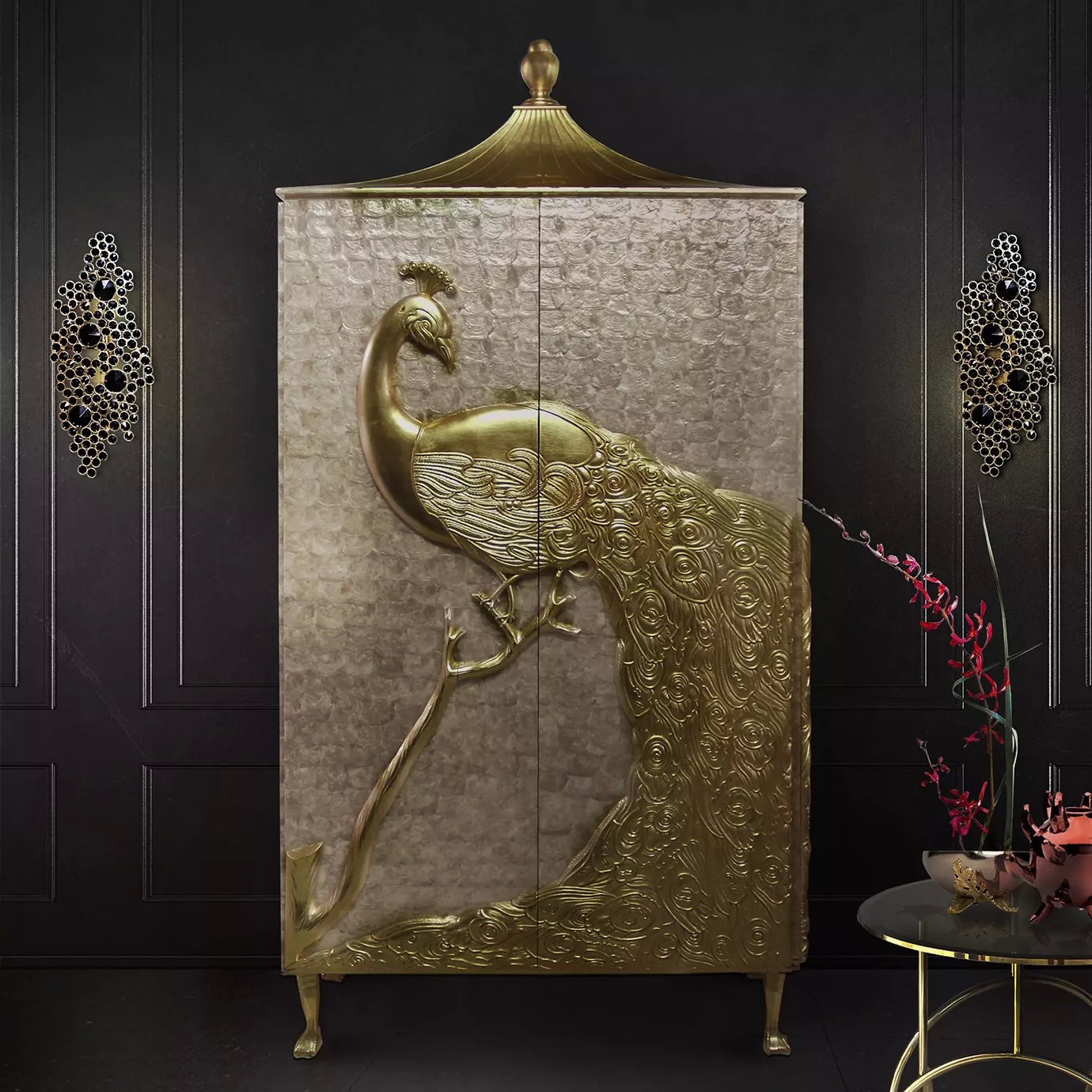 A Camilia Mother of Pearl Armoire with its front completely open, showcasing its shelves and drawers.