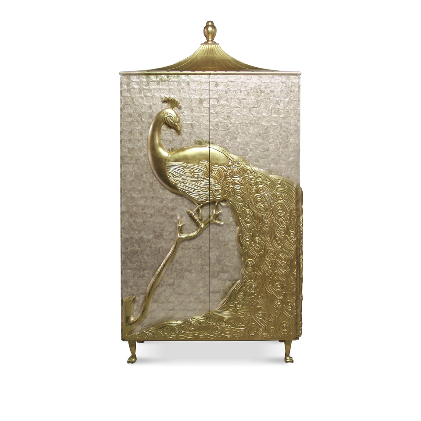 A luxurious Camilia Mother of Pearl Armoire with a shimmering mother-of-pearl finish and a prominent gold peacock detail.
