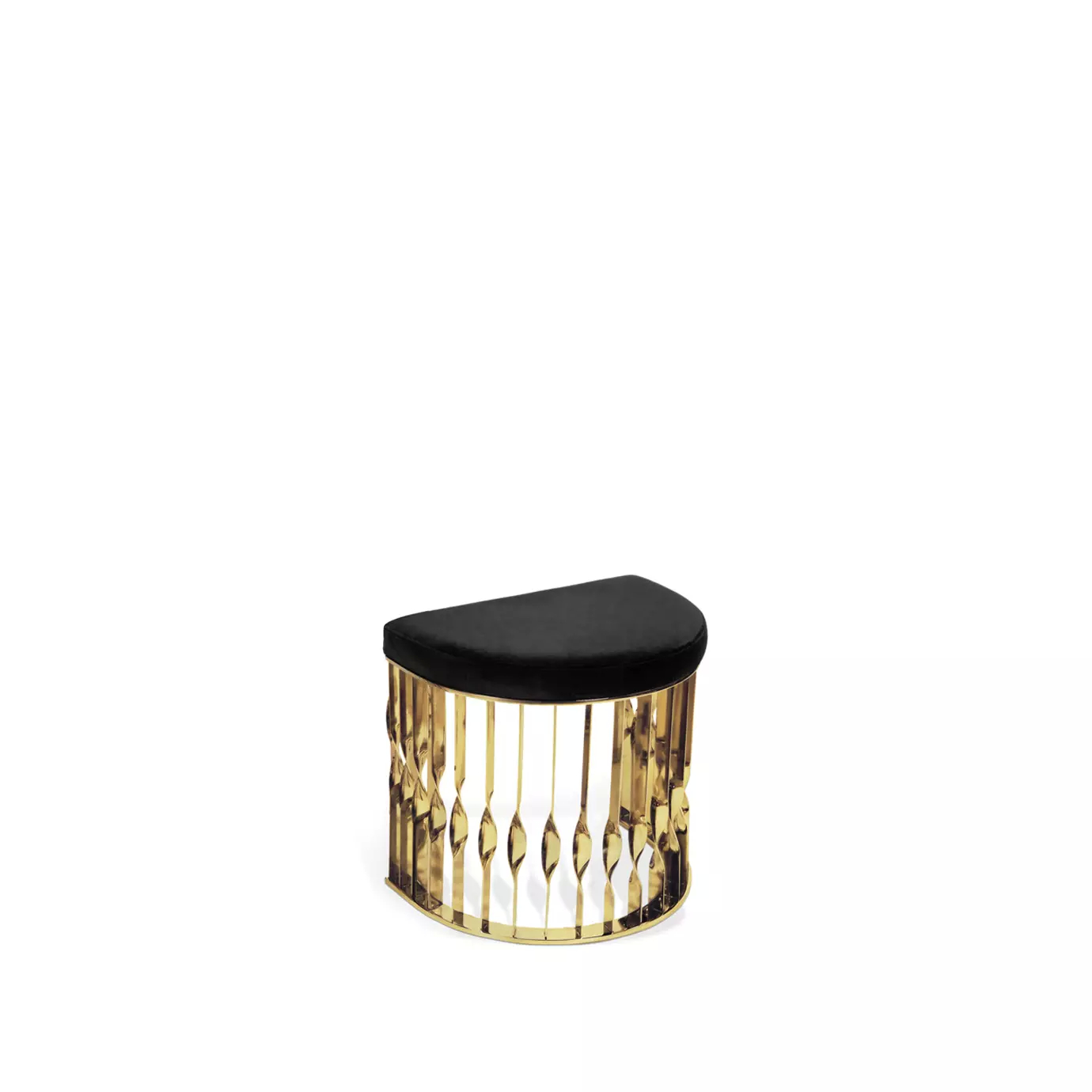 A sleek Koket Mandy Stool with a black velvet half-moon seat and a base made of vertical golden, leaf-like accents.