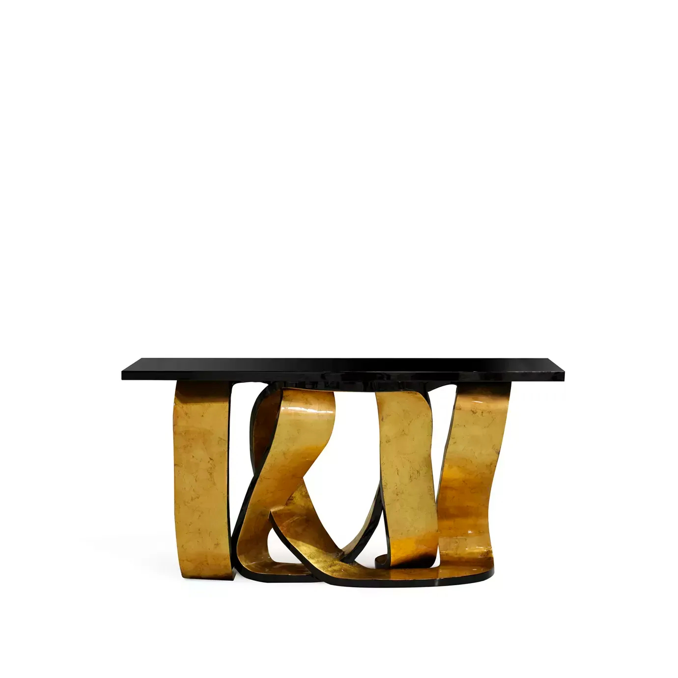 A luxurious Ribbon Broken Gold Leaf Console features a black tabletop and a sculptural base of golden, curved ribbons.
