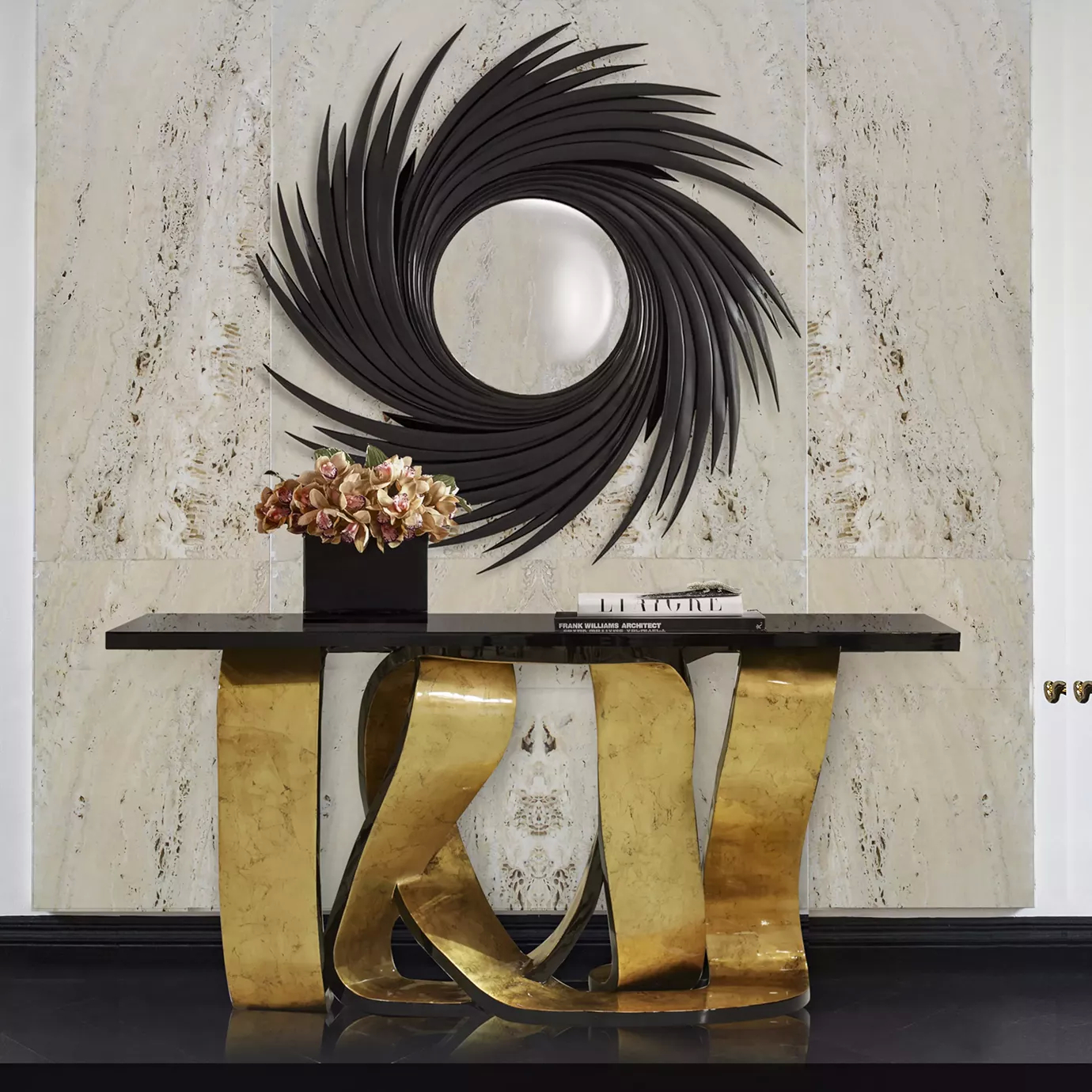 A detail of the Ribbon Broken Gold Leaf Console showcases its textured gold leaf base with black accents.