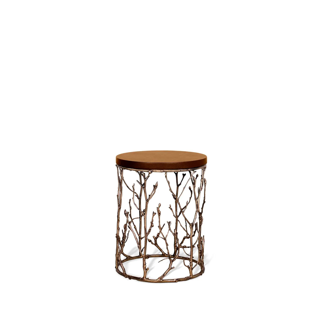 An Enchanted Synthetic Leather Side Table features a unique antique gilded branch-like base and a round, brown synthetic leather top.