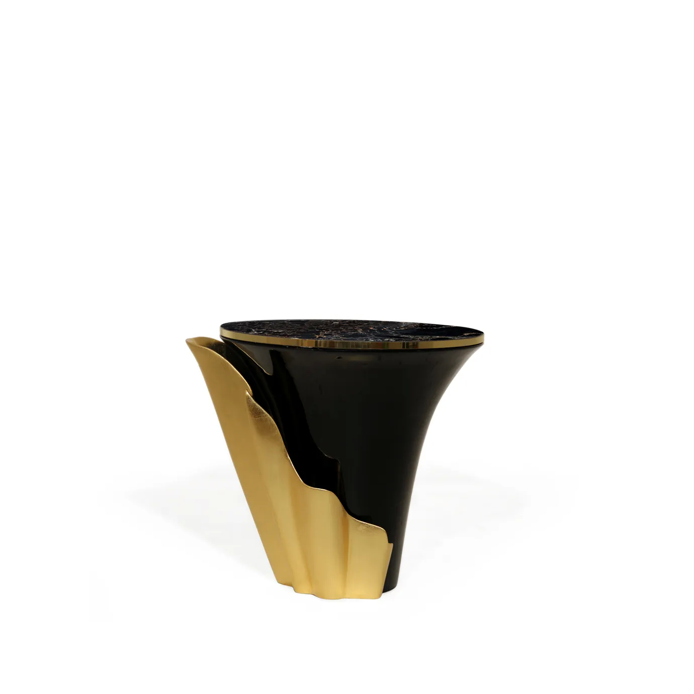 A luxurious Yasmine Side Table by Koket features a black lacquered body with a polished brass organic detail.