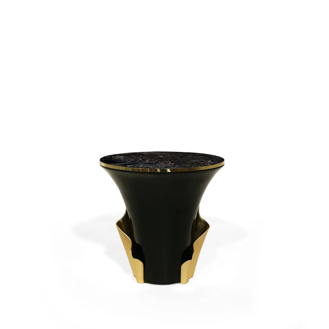 A sophisticated Yasmine Side Table by Koket features a black lacquered body and a polished brass organic detail.