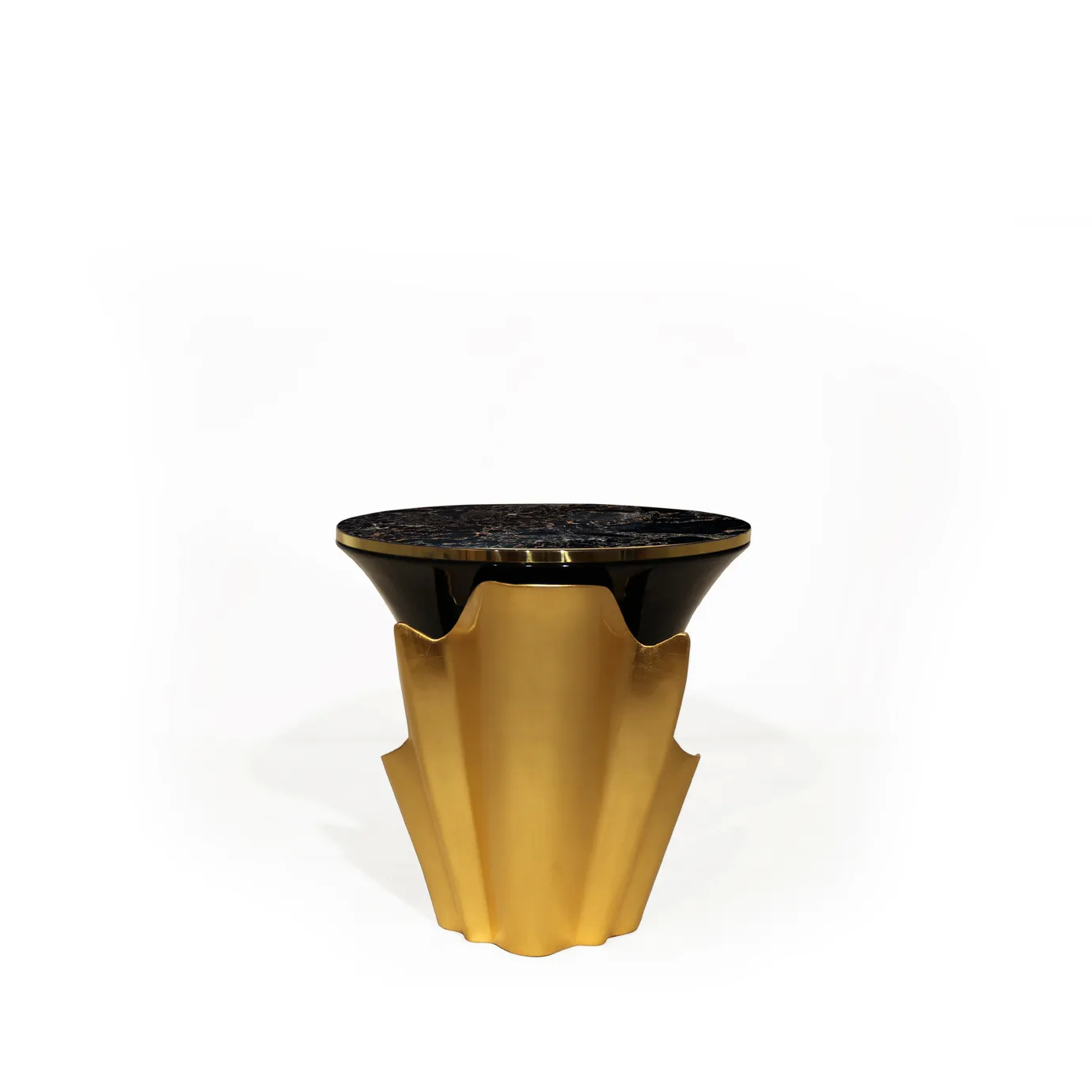 A luxurious Yasmine Side Table by Koket with a black lacquered base and a polished brass organic detail, topped with dark marble.