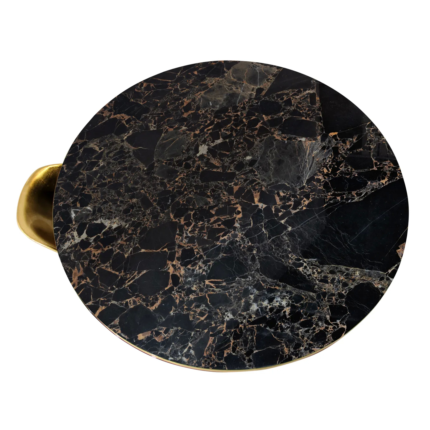 A top-down view of the Yasmine Side Table showcases its round, dark marble tabletop with a gold rim and a hint of its gold base.