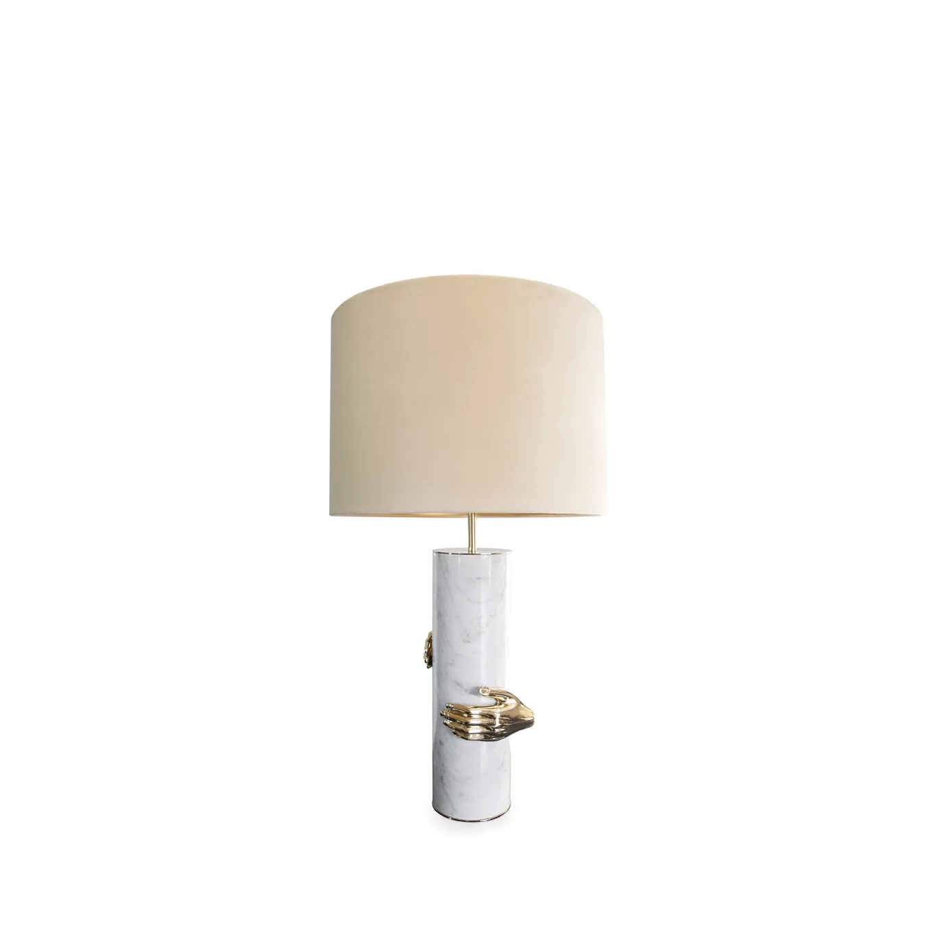 A luxurious Koket Vengeance Table Lamp with a white marble base and a single gold hand holding the column.