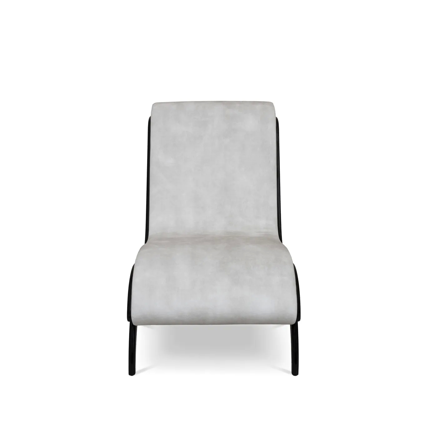 A front view of the Fever Chair, upholstered in light grey with a dark, sculpted frame, on a white background.