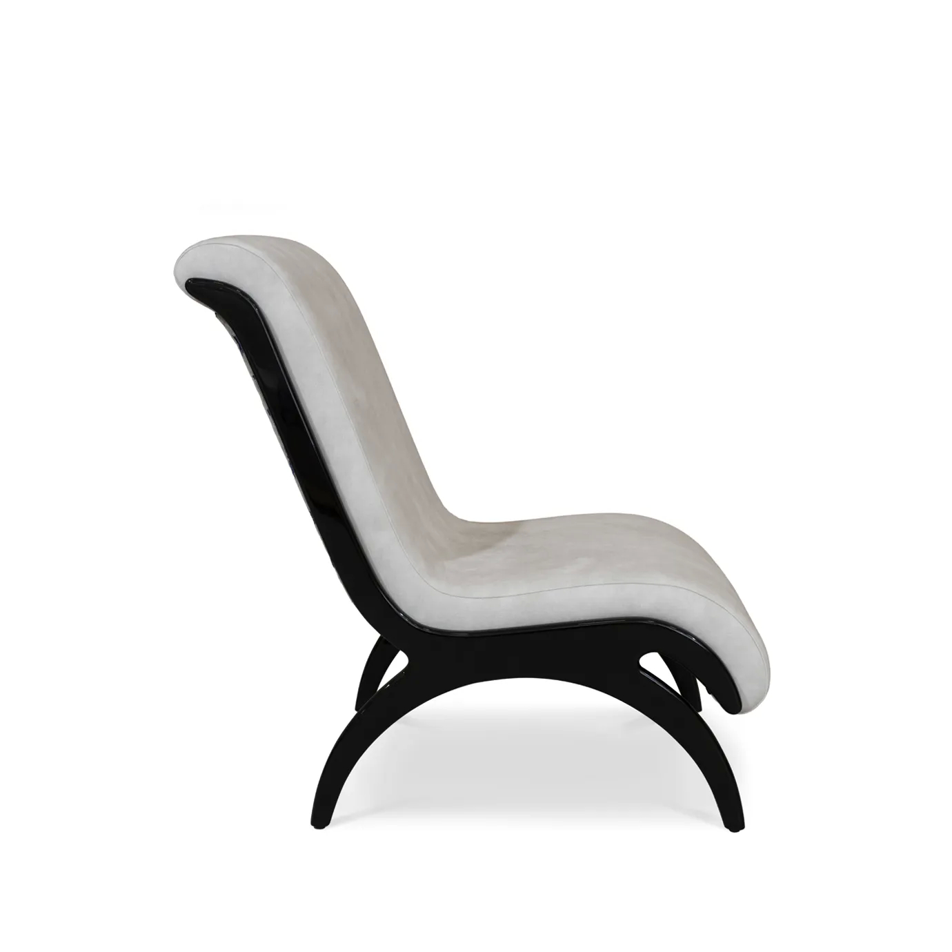 A minimalist Fever Chair, upholstered in light grey, with a dark, subtly curved base, on a white background.