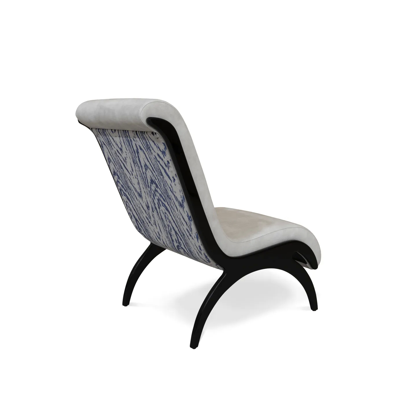 A unique Fever Chair with a curved white seat and a patterned blue and white back, on a white background.