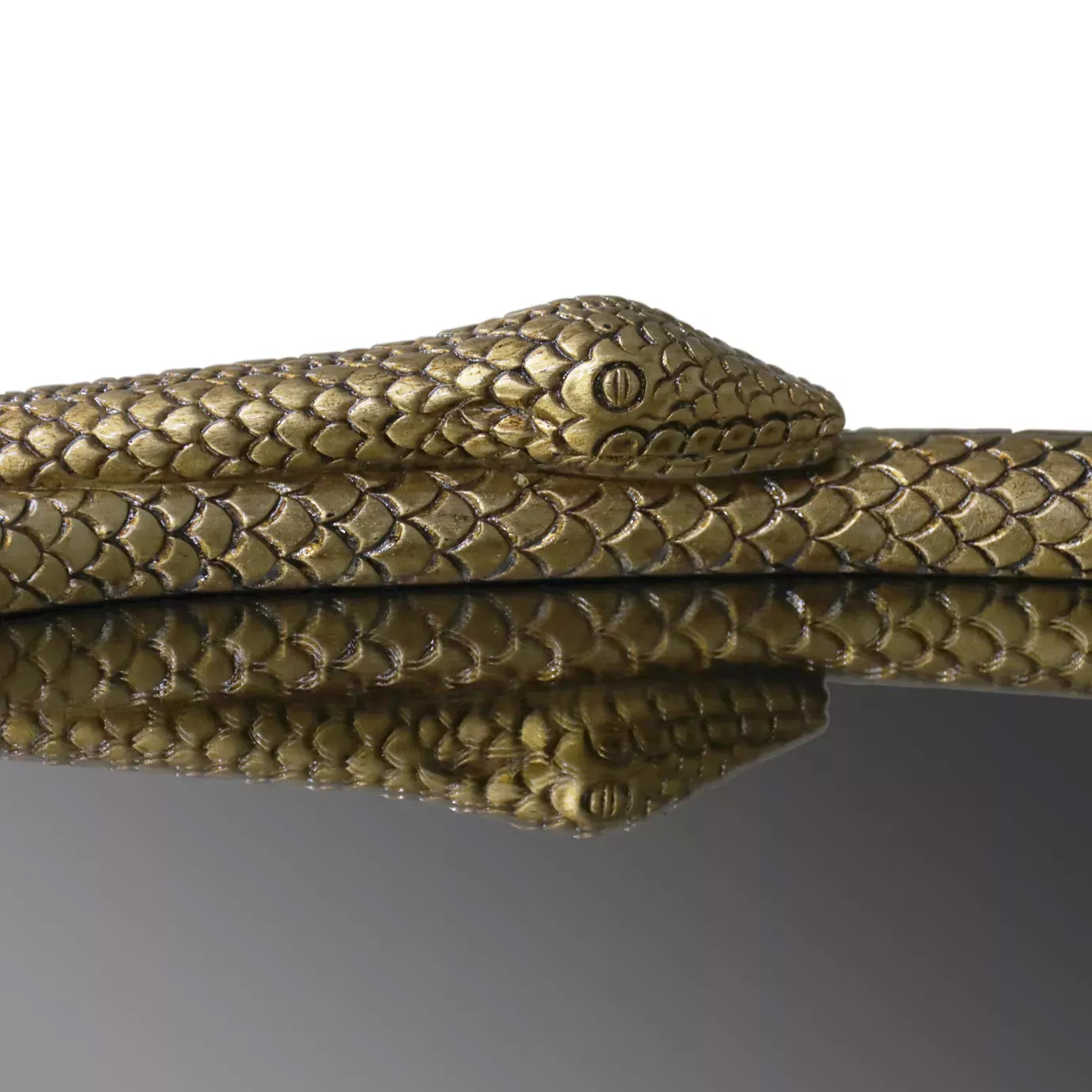 A close-up of the Serpentine Apple Shaped Mirror highlights the intricate texture of its golden snake frame.