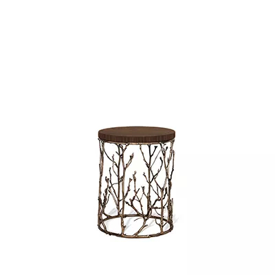 Featuring a brown tabletop, the Enchanted Ebony Veneer Top Side Table has a structure adorned with intricate aged brass details, resembling branches.