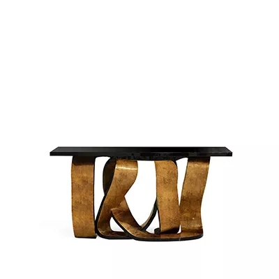 With a black lacquer tabletop, the Ribbon Broken Copper Leaf Console features a twisted metal ribbon base with a copper finish, giving the piece an artistic and luxurious feel.