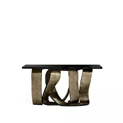 With a black lacquer tabletop, the Ribbon Broken Silver Leaf Console features a twisted metal ribbon base with a silver finish, giving the piece an artistic and luxurious feel.