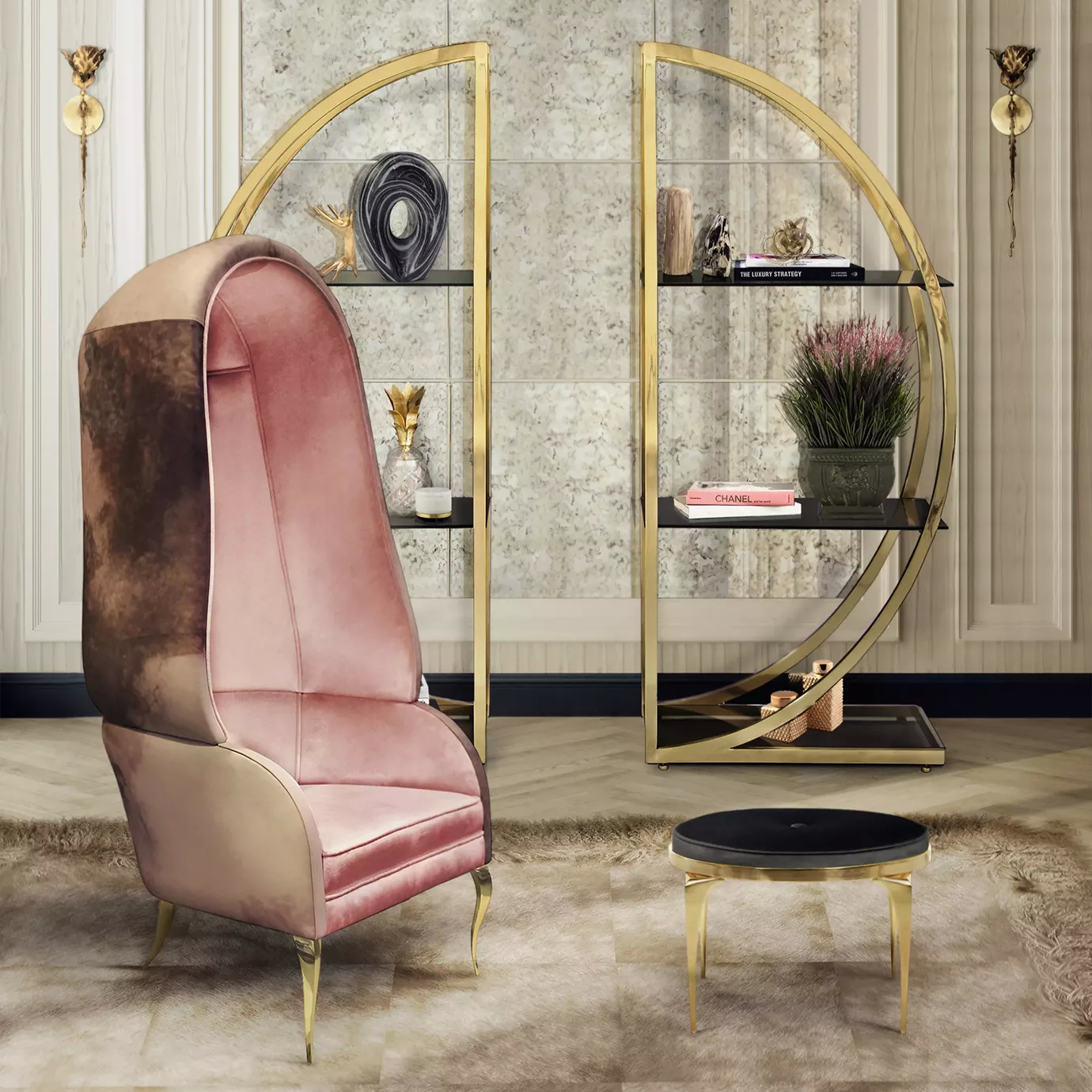 Elegant reading corner with the Drapess Chair, the Rita Coffee Table, and a bookcase with glass shelves.