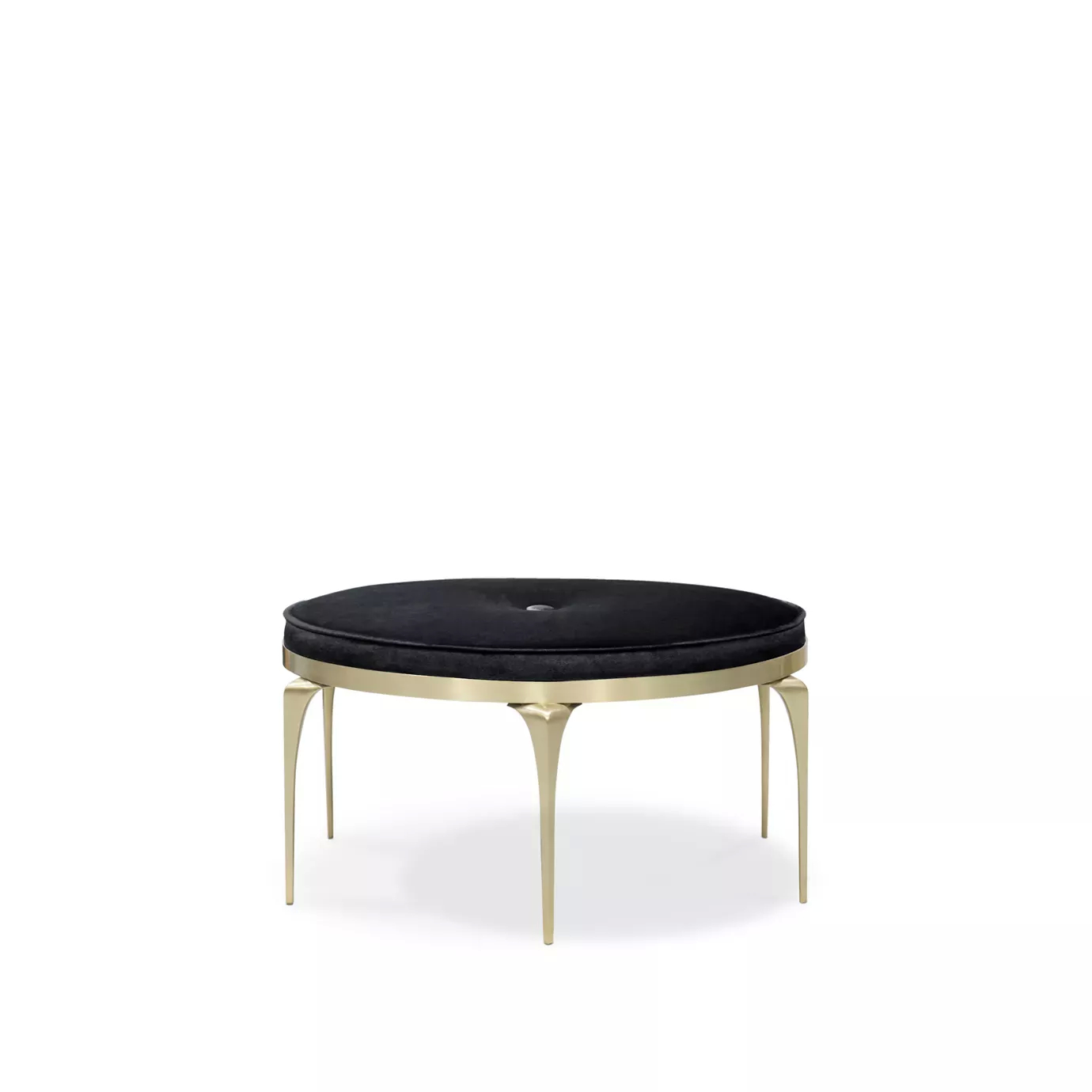 Elegant Rita Fabric Coffee Table with round black velvet upholstered top with button-tufted detail and sculptural golden base.