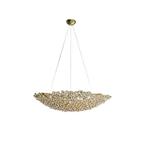 Elegant Eternity Demi Lune Chandelier with a half-moon design and golden frame studded with various sparkling crystals.