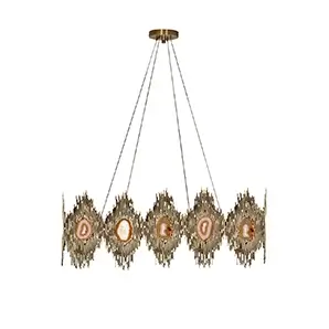 Elegant Vivre Rectangular Chandelier with an elongated sculptural design in golden tones and translucent agate details.