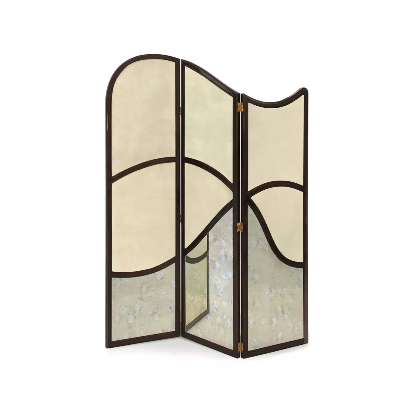 Elegant Simone Fabric Screen with three hinged panels, featuring a combination of beige fabric at the top and aged mirror at the bottom, framed by a curved dark structure and connected by golden hinges.