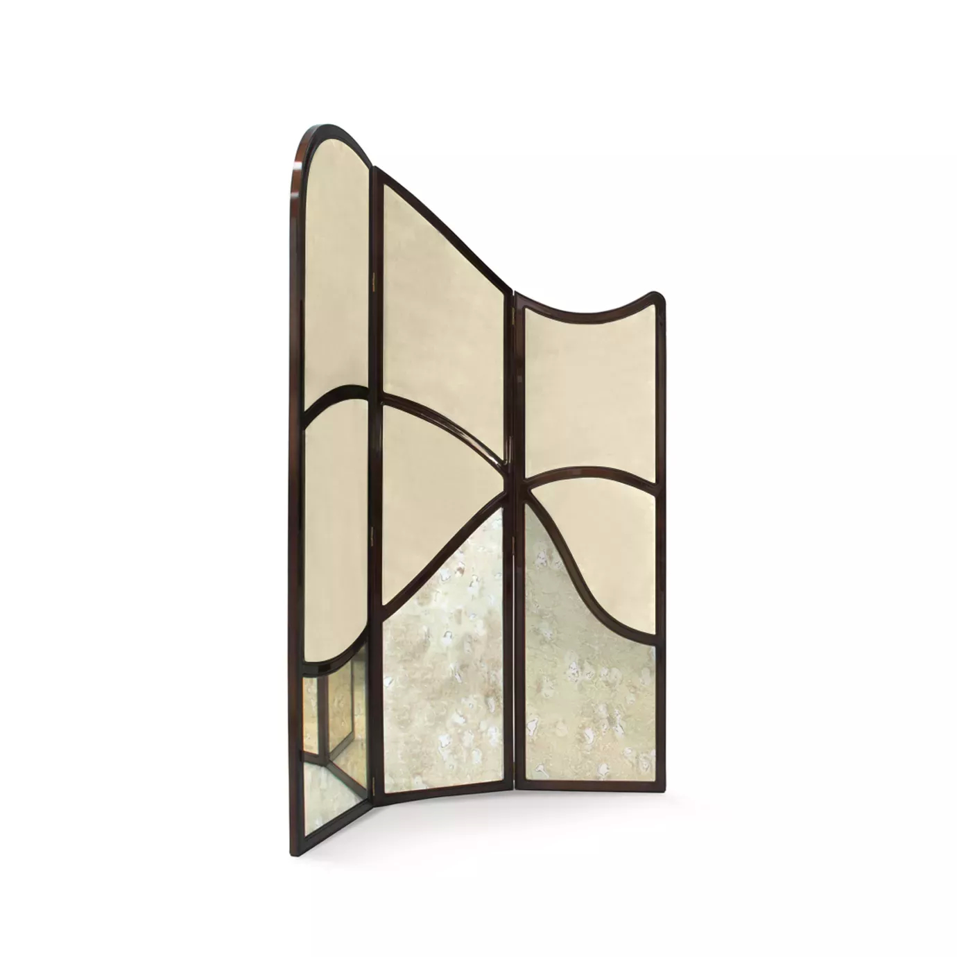 Elegant Simone Fabric Screen with three hinged panels, featuring a combination of beige fabric at the top and aged mirror at the bottom, framed by a curved dark structure, viewed from a slightly different angle.