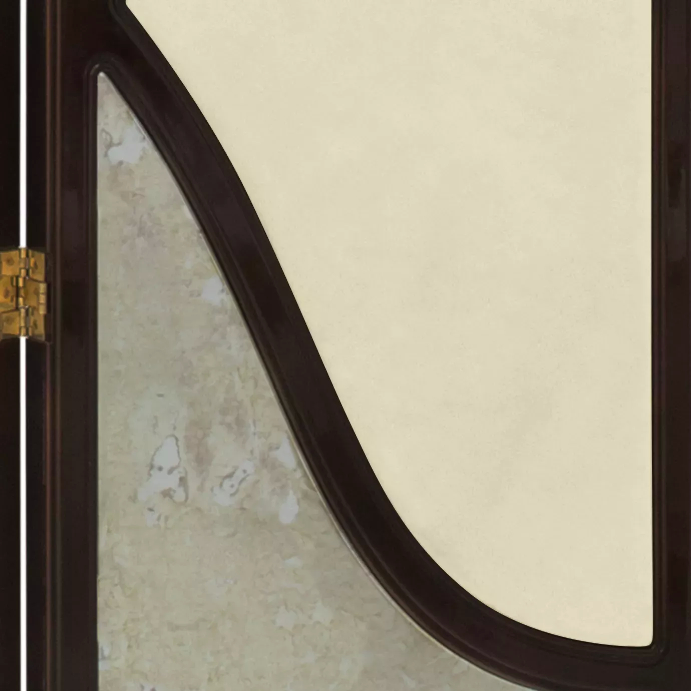 Elegant close-up of the golden hinge detail connecting two panels of the Simone screen, showing the beige fabric and aged mirror sections framed by the curved dark structure.