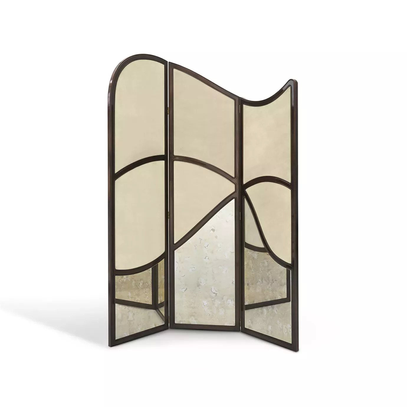 Elegant Simone Fabric Screen with three hinged panels, featuring a combination of beige fabric at the top and aged mirror at the bottom, framed by a curved dark structure.