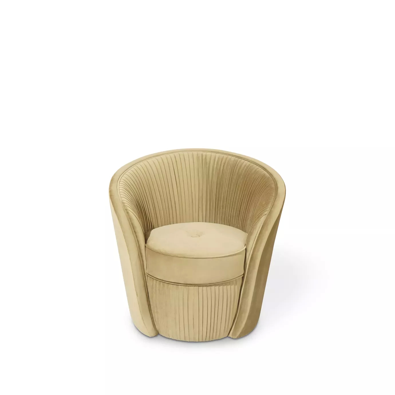 Elegant Bloom II Armchair with soft beige fabric upholstery and a rounded design featuring vertical pleated details on the backrest and base, viewed slightly from above.