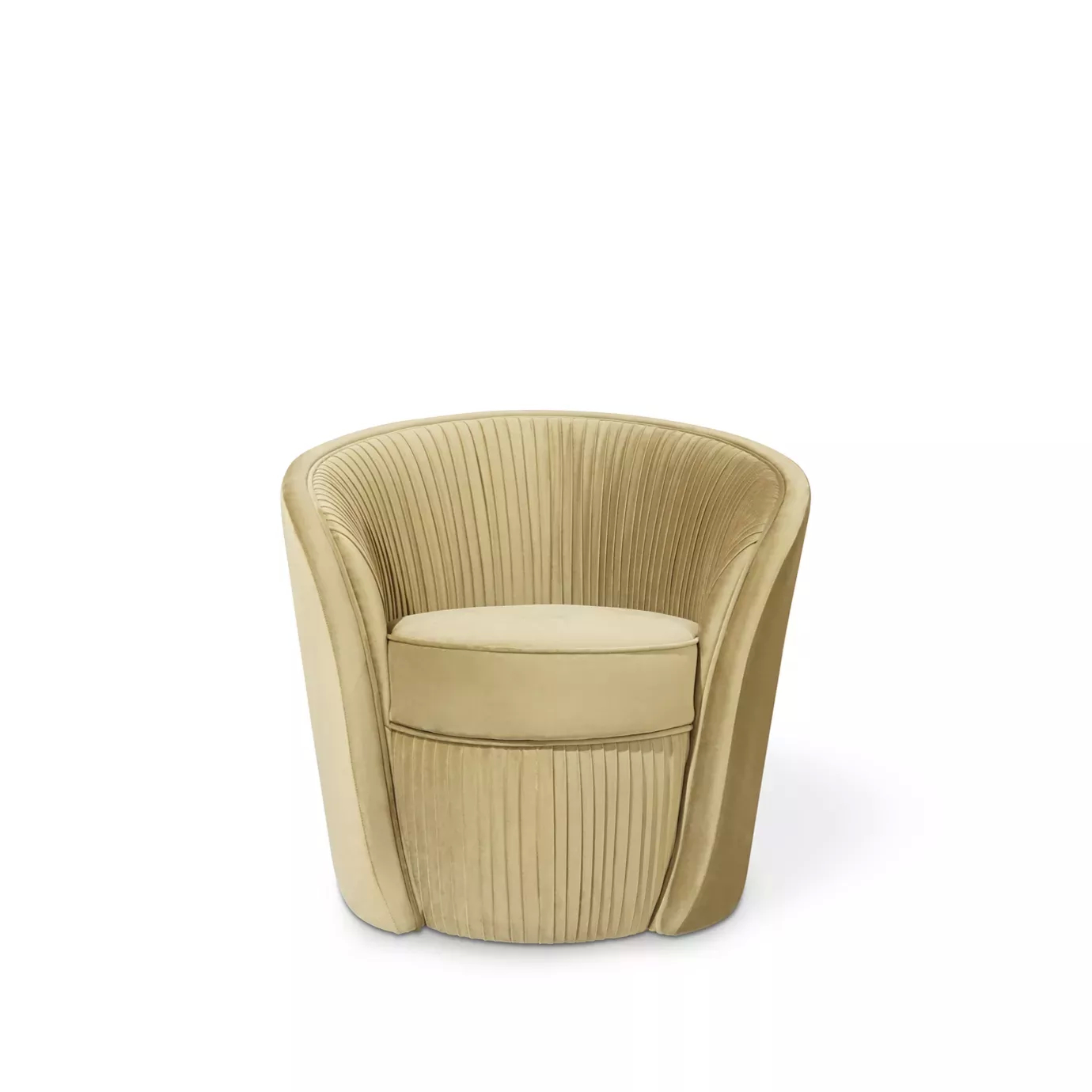 Elegant Bloom II Armchair with soft beige fabric upholstery and a rounded design featuring vertical pleated details on the backrest and base, viewed from the front.