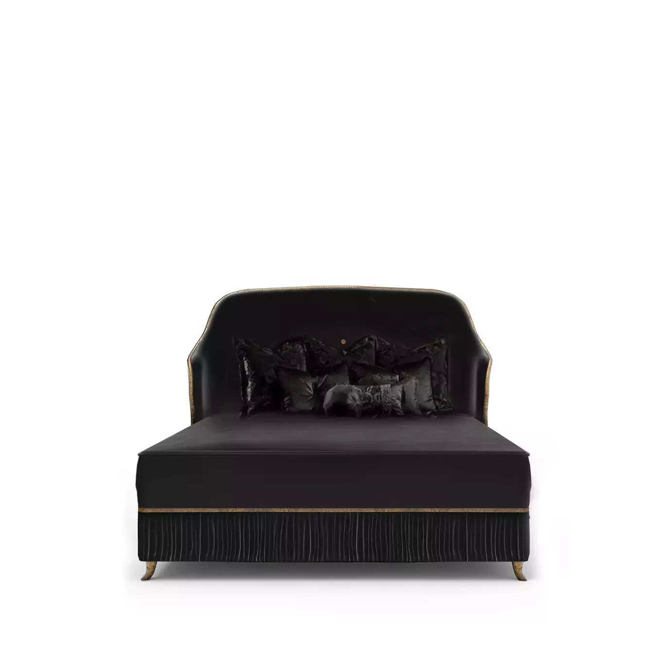 Elegant Forbidden Plissé Bed with a headboard and frame upholstered in soft black fabric with golden trim along the edges, adorned with black cushions and a pleated detail on the base.