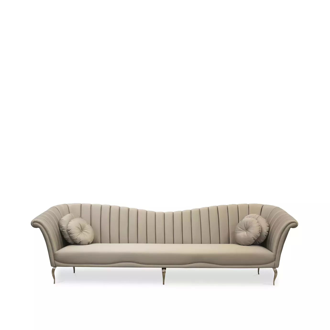 Elegant Caprichosa Sofa with a golden metal base and soft beige fabric upholstery featuring a wavy design on the backrest and two round cushions at the ends.