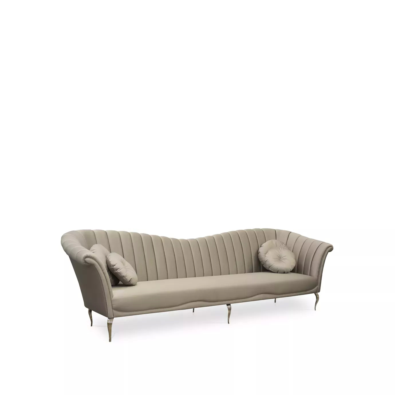Elegant Caprichosa Sofa with a golden metal base and soft beige fabric upholstery featuring a wavy design on the backrest and two round cushions at the ends, viewed from a side angle.