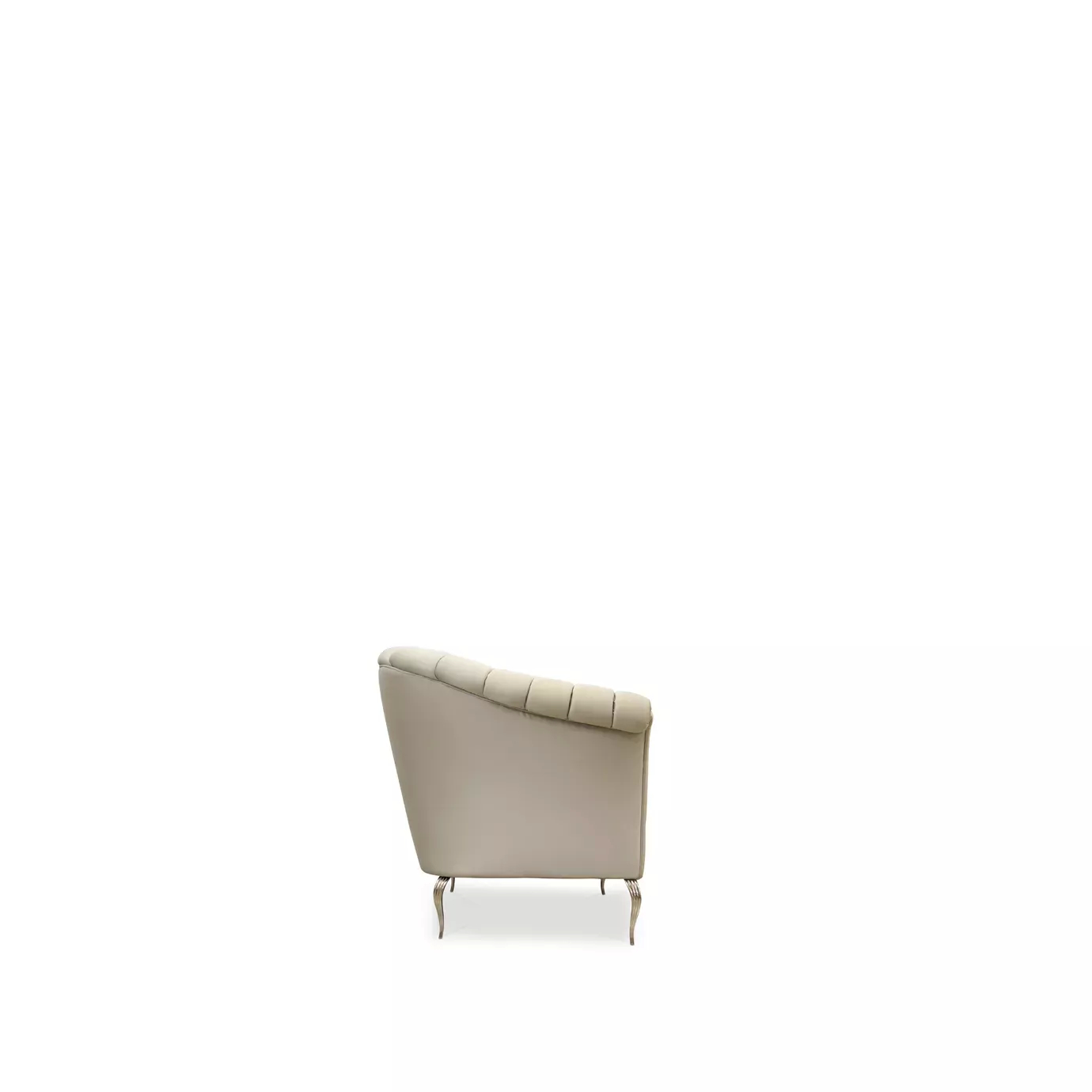 Elegant Caprichosa Sofa with a golden metal base and soft beige fabric upholstery featuring a wavy design on the backrest, viewed from the side showing the depth.