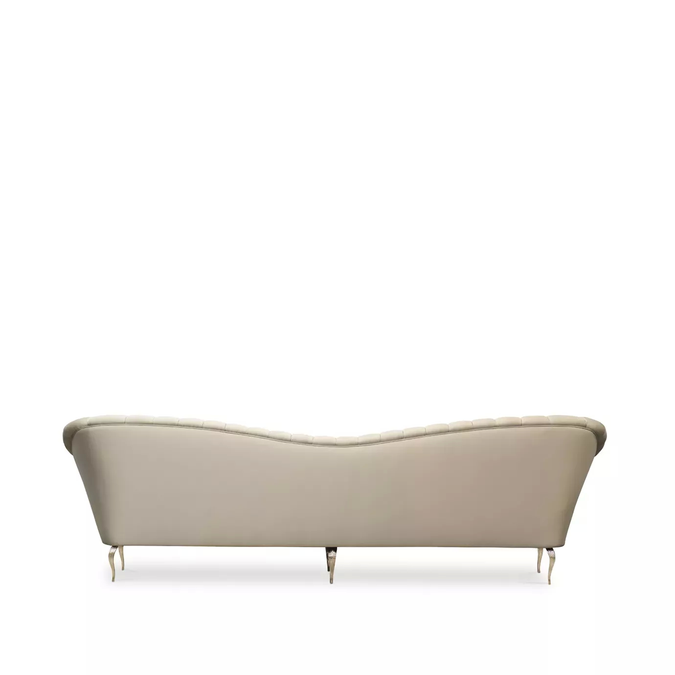 Elegant Caprichosa Sofa with a golden metal base and soft beige fabric upholstery featuring a wavy design on the backrest, viewed from the back.