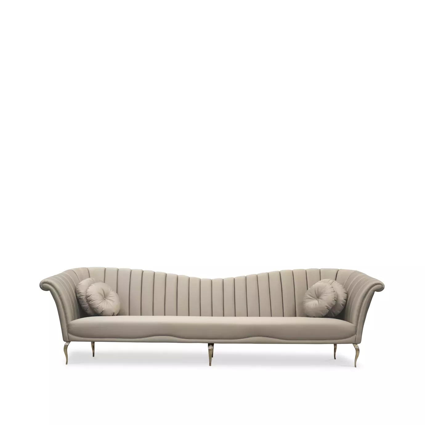 Elegant Long Caprichosa Sofa with a golden metal base and soft beige fabric upholstery featuring a wavy design on the backrest and two round cushions at the ends.