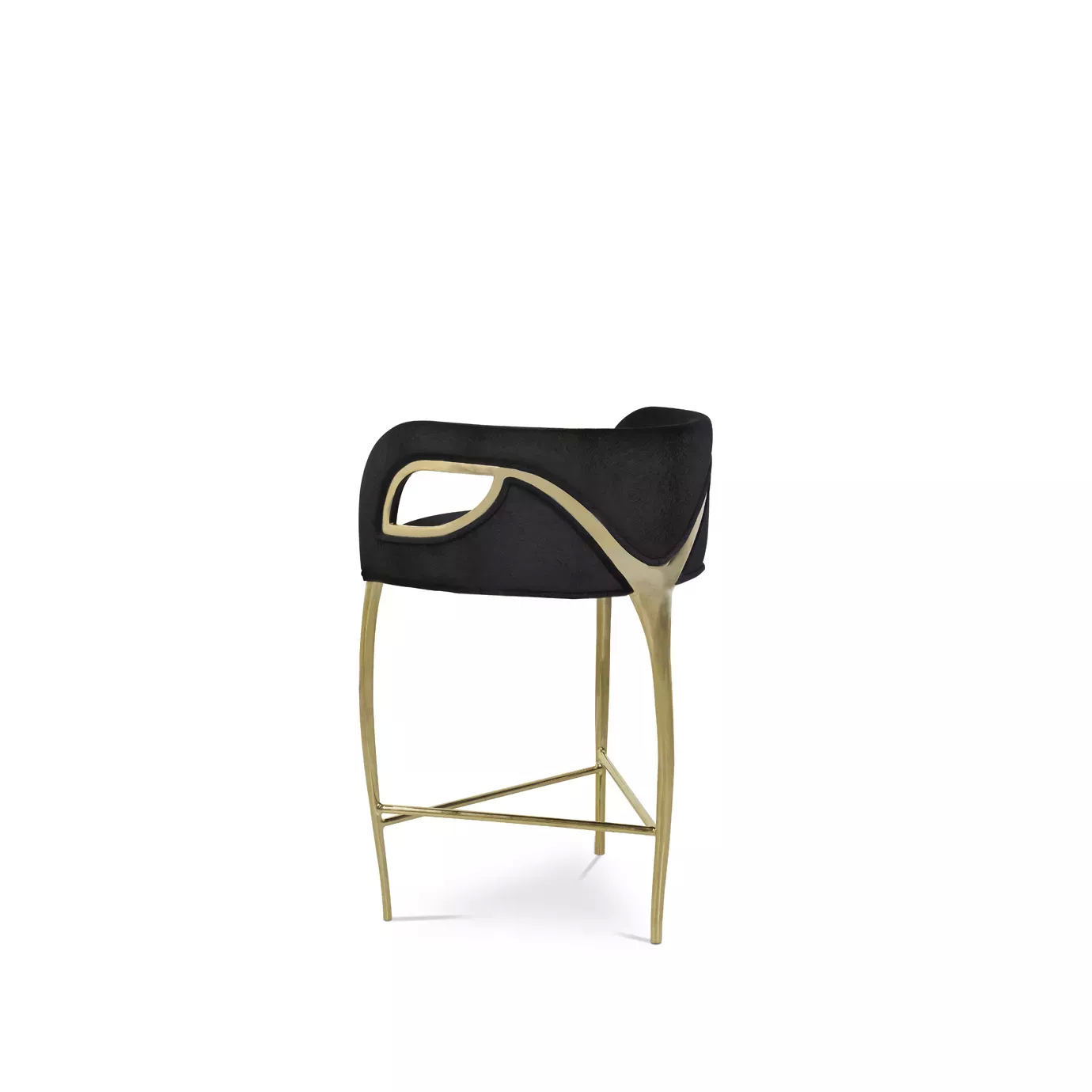 Side perspective of the glamourous Chandra Counter Stool, distinguished for its three legs, featuring a golden structure and black upholstery.