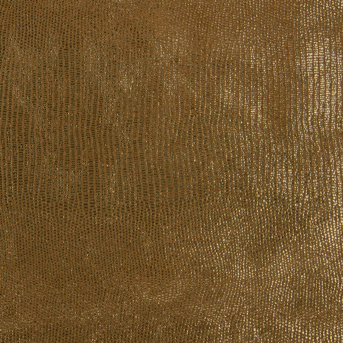 Close-up Salamander Cognac Leather: metallic cognac brown leather with a scaled texture. Flat surface with subtle golden light reflections.
