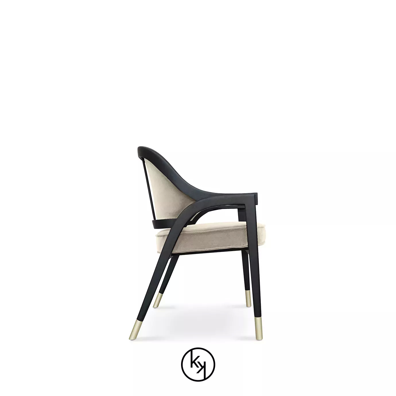 Arendal Chair by KOKET featuring a light beige upholstered seat and curved backrest, framed in dark wood with sleek legs and gold metal-tipped feet.