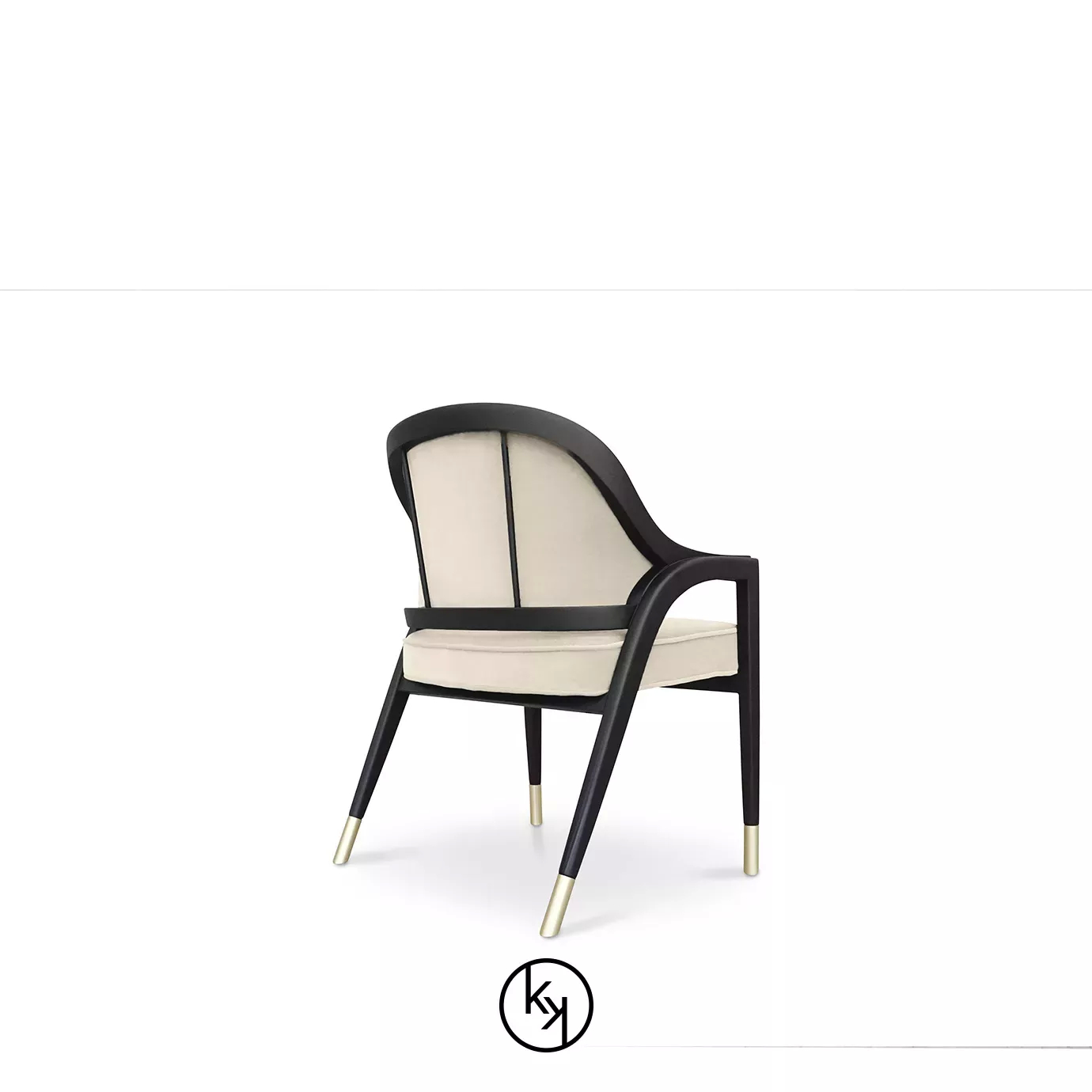 Arendal Chair by KOKET featuring a light beige upholstered seat and curved backrest, framed in dark wood with sleek legs and gold metal-tipped feet.