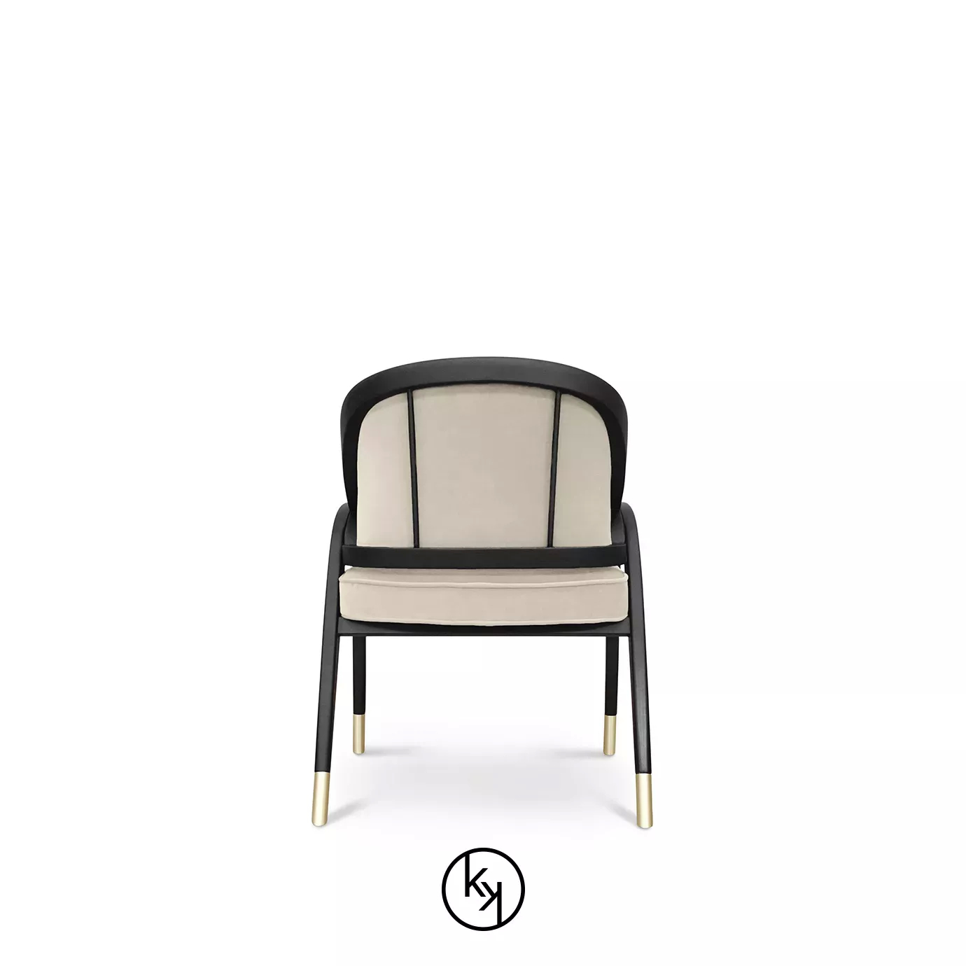 Arendal Chair by KOKET featuring a light beige upholstered seat and curved backrest, framed in dark wood with sleek legs and gold metal-tipped feet.