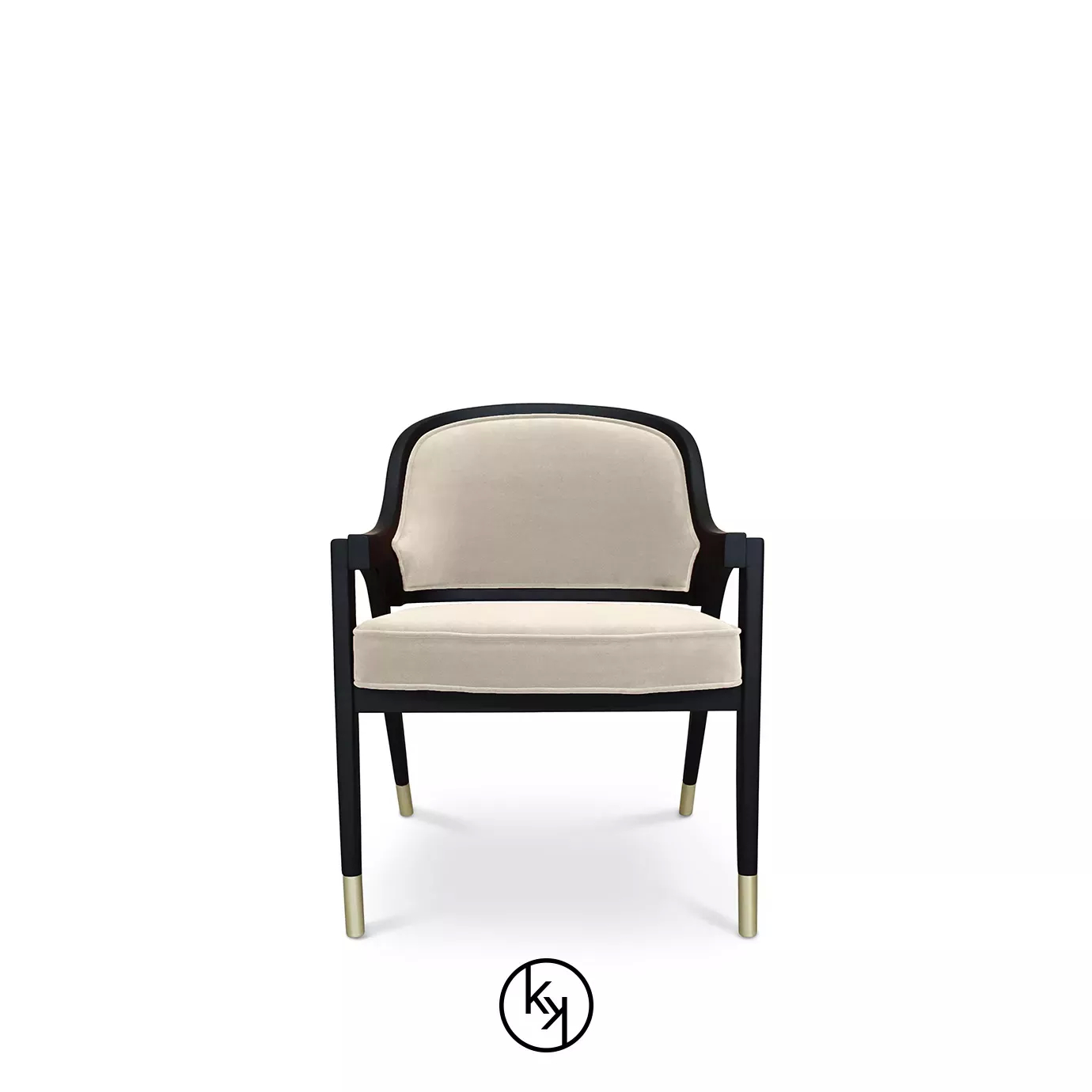 Arendal Chair by KOKET featuring a light beige upholstered seat and curved backrest, framed in dark wood with sleek legs and gold metal-tipped feet.