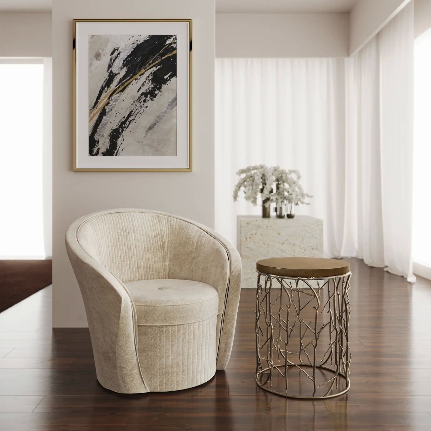 A neutral-colored living room with an Enchanted Synthetic Leather Side Table in earthy tones, featuring an aged brass structure resembling branches. Next to the side table, there is a cream chair. A frame in black and golden hues is seen in the background.