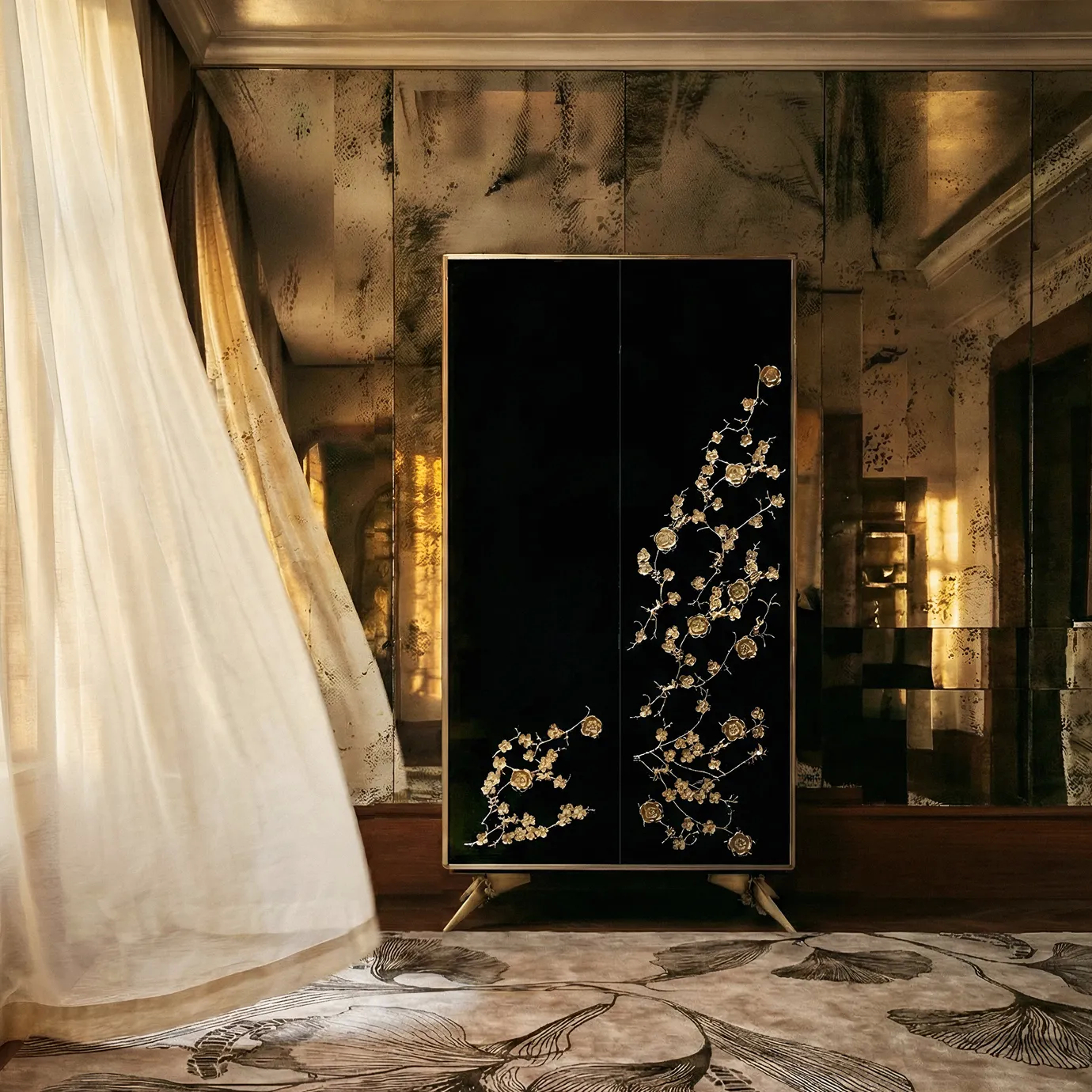 Spellbound lacquer armoire with Flora Grey rug in a KOKET luxury interior.