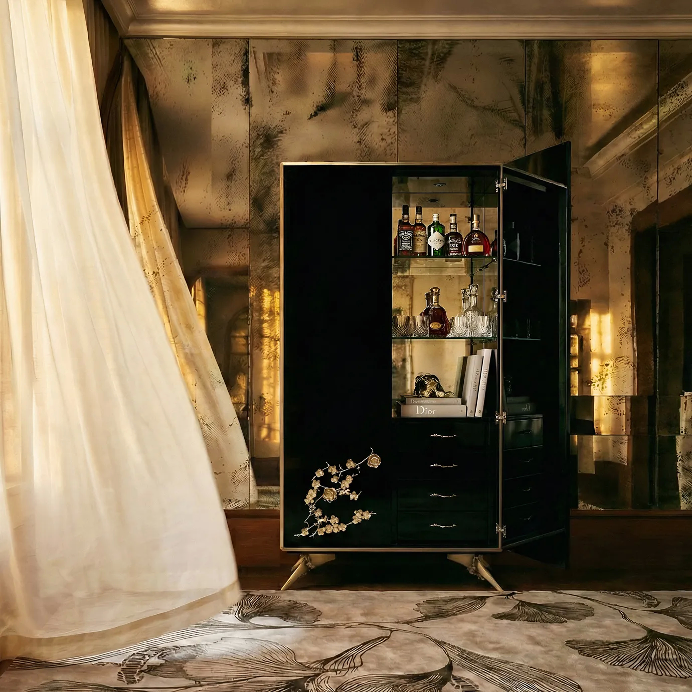 Open Spellbound lacquer armoire with Flora Grey rug in a KOKET luxury interior.