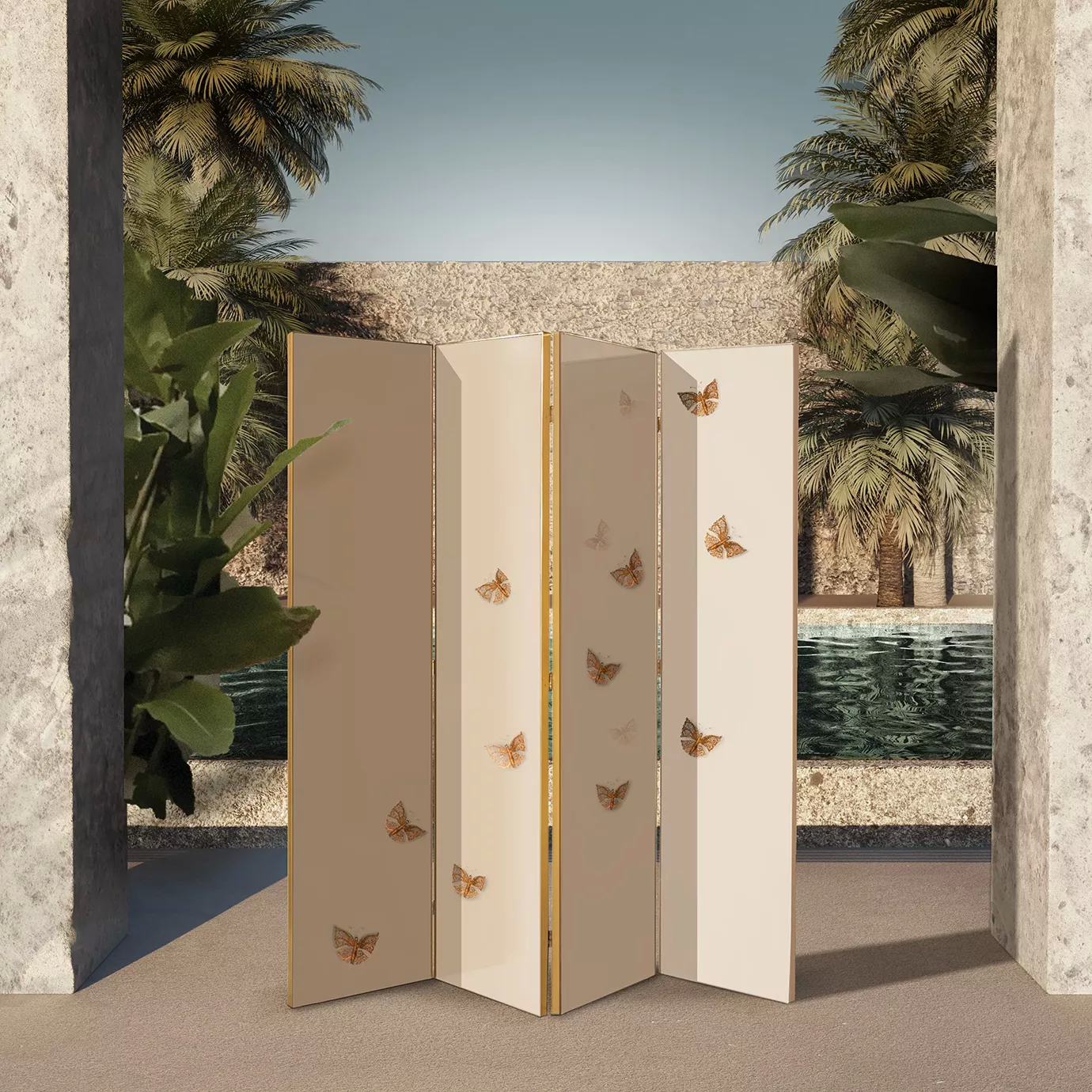 KOKET Euphoria Screen styled in a luxurious outdoor setting, featuring cream lacquer panels with gold filigree butterflies and brass trim, reflecting elegance and artistry.