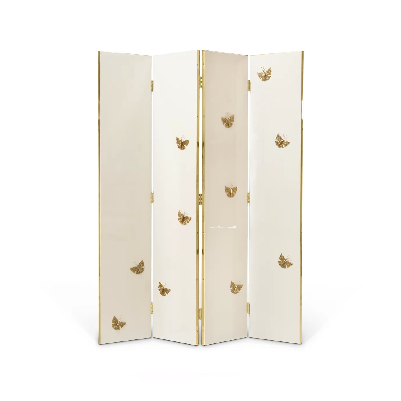 Full view of the KOKET Euphoria Screen, a luxurious four-panel folding screen in cream lacquer with gold filigree butterfly accents and brass trim.