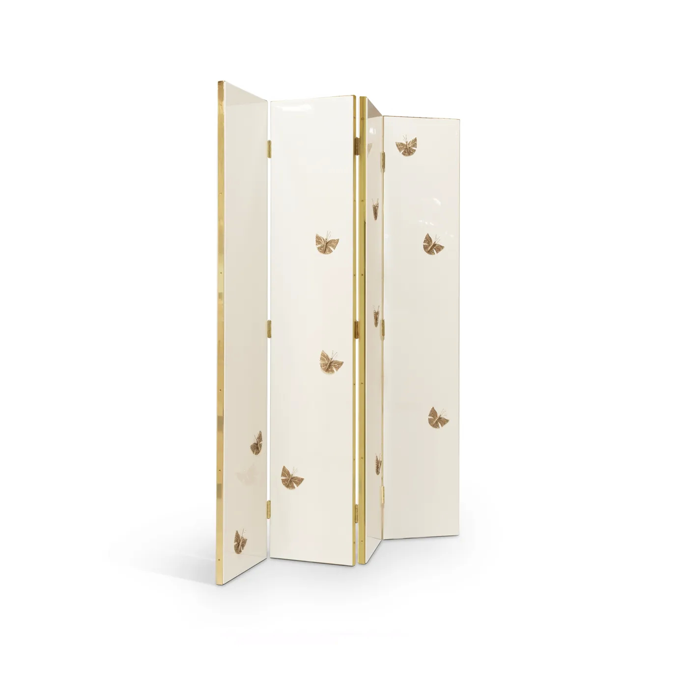 Angled view of the Euphoria Screen by KOKET showing four folding panels with detailed gold filigree butterfly motifs on a smooth cream surface.