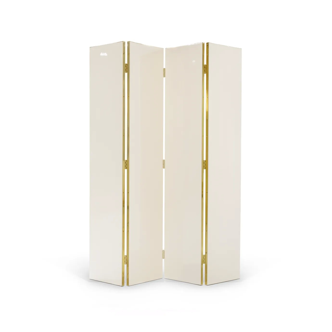 Rear view of the KOKET Euphoria Screen emphasizing its refined cream lacquer panels and polished brass structure.