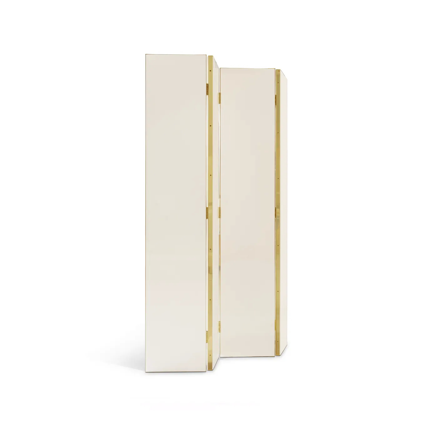 Detail view of the polished brass hinge and trim of KOKET’s Euphoria Screen, highlighting fine craftsmanship and luxury materials.